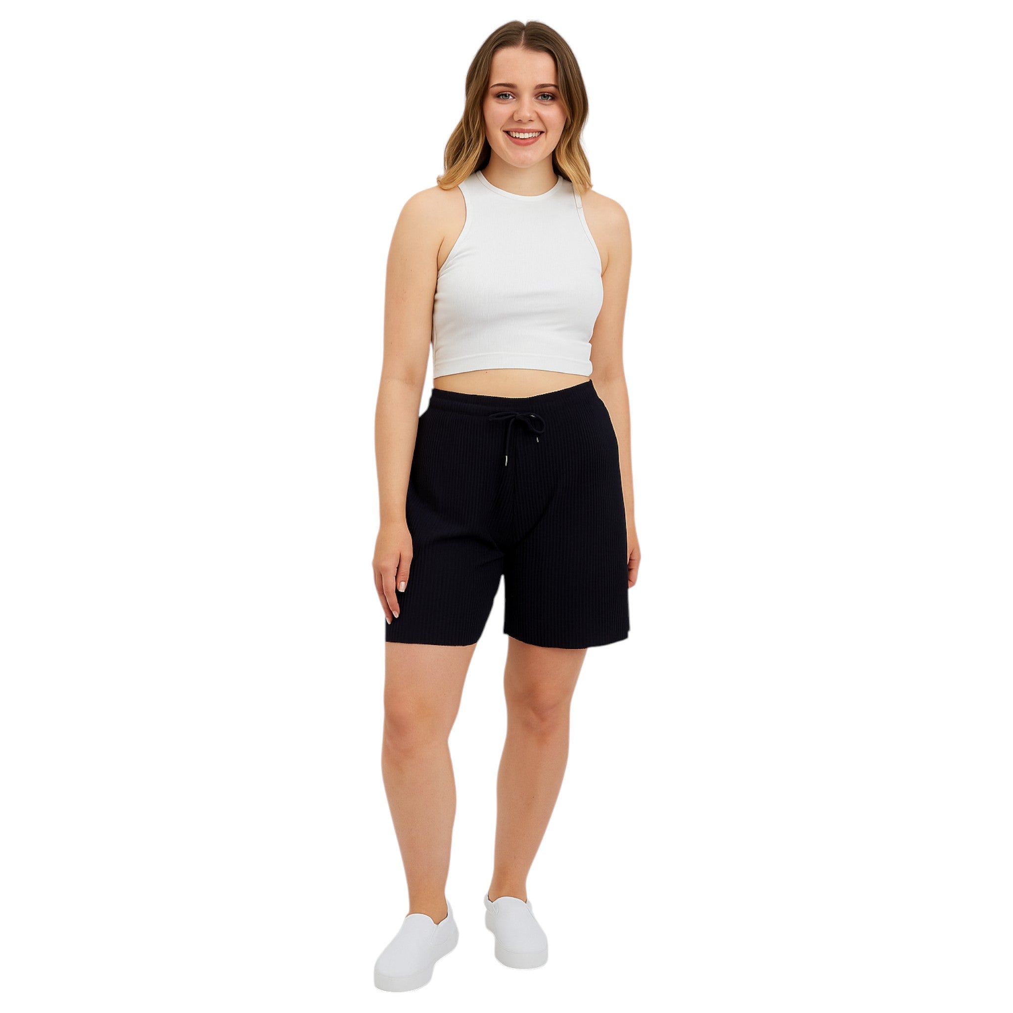 Women's pleated lounge shorts in black with drawstring waist – soft casual summer shorts